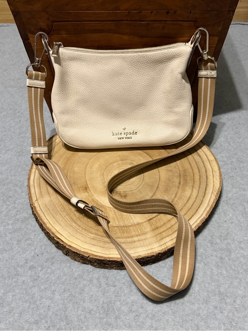 Kate Spade Rosie Cream Pebbled Leather Crossbody with Striped Adjustable Strap